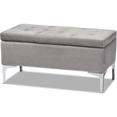Mabel Modern and Contemporary Transitional Grey Velvet Fabric Upholstered Silver Finished Storage Ottoman