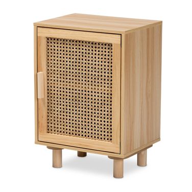 Maclean Rattan and Wood End Table In Beige and Brown