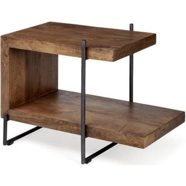 Maddox Medium Brown Wood With Black Metal U-Shaped Side Table