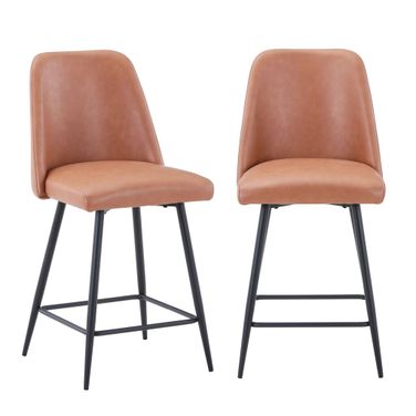 Maddox Mid-Century Modern Faux Leather Upholstered Counter Height Barstool Set of 2 In Light Brown