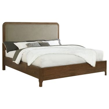 Maderia 57 Inch Upholstered California King Panel Bed Walnut In Walnut and Taupe