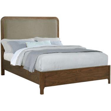 Maderia 57 Inch Upholstered Queen Panel Bed Walnut In Walnut and Taupe