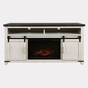 Madison County Solid Wood 64 Inch Barn Door TV Stand Console with Electric Fireplace In Vintage White