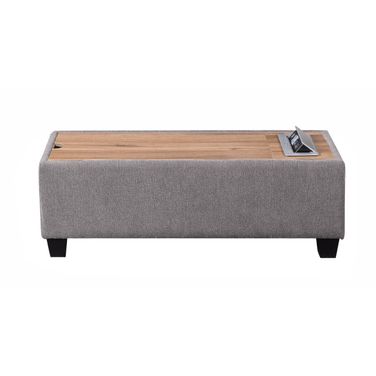 Madison Upholstered Storage Ottoman Console Table with Wooden Top and 2 USB Ports In Light Gray