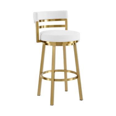 Madrid 26 Inch Swivel Counter Stool In Gold Brushed Stainless Steel with White Faux Leather
