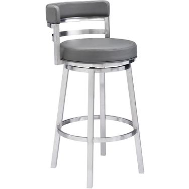 Madrid 26 Inch Counter Height Swivel Gray Faux Leather and Brushed Stainless Steel Bar Stool