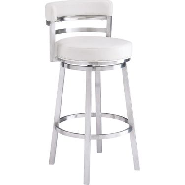 Madrid 26 Inch Counter Height Swivel White Faux Leather and Brushed Stainless Steel Bar Stool