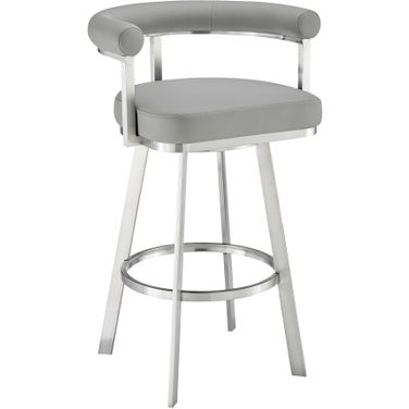 Magnolia 26 Inch Swivel Counter Stool In Brushed Stainless Steel with Light Gray Faux Leather