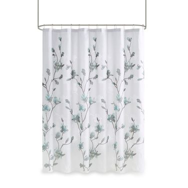Magnolia Floral Printed Burnout Shower Curtain In Aqua