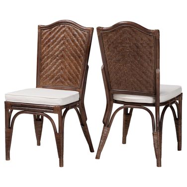 Mahdis Natural Rattan Handwoven Wicker Dining Chair with Cushion and Woven Chevron Back Set of 2 In Coffee Bean
