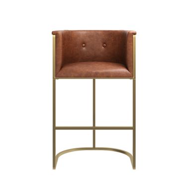 Manhattan 31 Inch Barstool with Faux Leather and Metal Base In Brass and Tobacco Brown