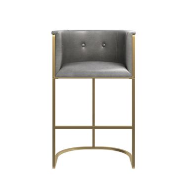 Manhattan 31 Inch Barstool with Faux Leather and Metal Base In Gray and Brass