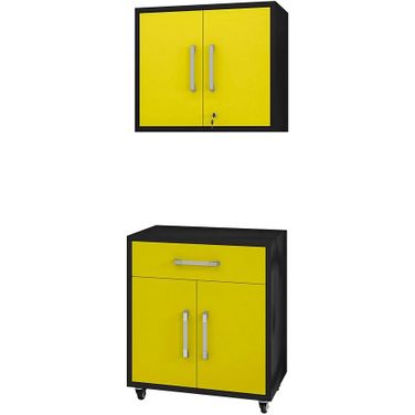 Manhattan Comfort Eiffel 2-Piece Storage Garage Set In Matte Black And Yellow