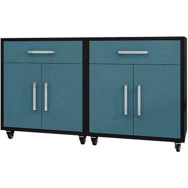 Manhattan Comfort Eiffel Mobile Garage Cabinet In Matte Black And Aqua Blue Set Of 2