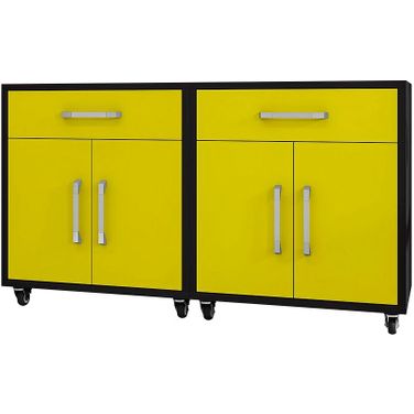 Manhattan Comfort Eiffel Mobile Garage Cabinet In Matte Black And Yellow Set Of 2