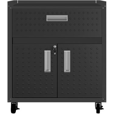 Manhattan Comfort Fortress Textured Metal 31.5 Inch Garage Mobile Cabinet With 1 Full Extension Drawer And 2 Adjustable Shelves In Charcoal Grey
