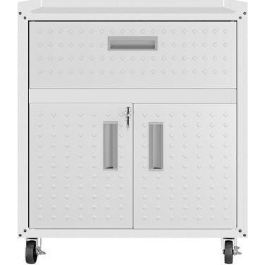 Manhattan Comfort Fortress Textured Metal 31.5 Inch Garage Mobile Cabinet With 1 Full Extension Drawer And 2 Adjustable Shelves In White