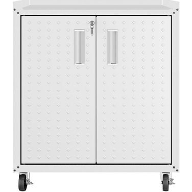 Manhattan Comfort Fortress Textured Metal 31.5 Inch Garage Mobile Cabinet With 2 Adjustable Shelves In White