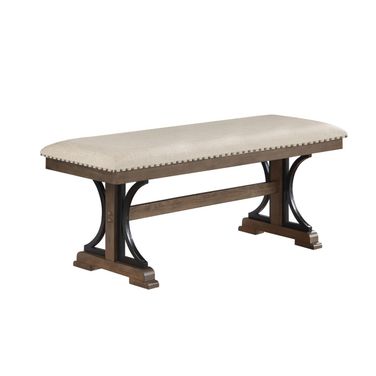 Manin Dining Bench with Nailhead Trim In Beige Linen and Brown Oak