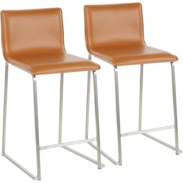 Mara 26 Inch Contemporary Counter Stool In Brushed Stainless Steel, And Camel Faux Leather - Set Of 2