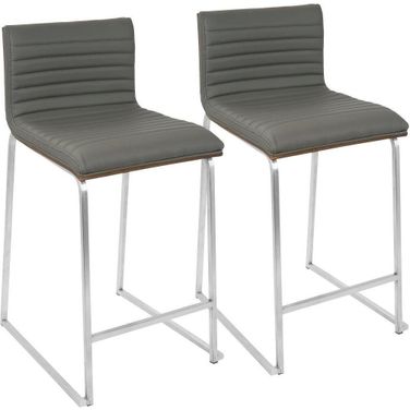 Mara 26 Inch Contemporary Counter Stool In Brushed Stainless Steel, Walnut Wood, And Grey Faux Leather - Set Of 2