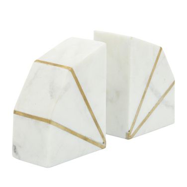 Marble 4 Inch Accent Bookends Set of 2 With Gold Inlays In White