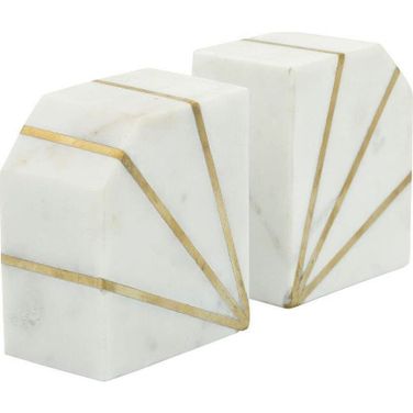 Marble 5 Inch Polished Bookends Set of 2 With Gold Inlays In White