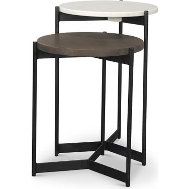 Marble Solid Wood and Metal Round Nested Tables Set of 2 In Dark Brown and Black