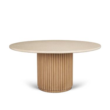 Marbrello 60 Inch Botticino Marble Top Fluted Wood Round Dining Table In Light Brown