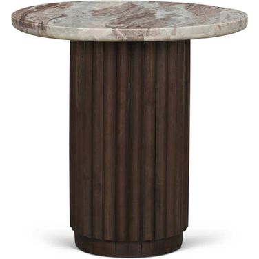 Marbrello Marble Top Fluted Wood Round Side Table In Espresso Brown and Pink