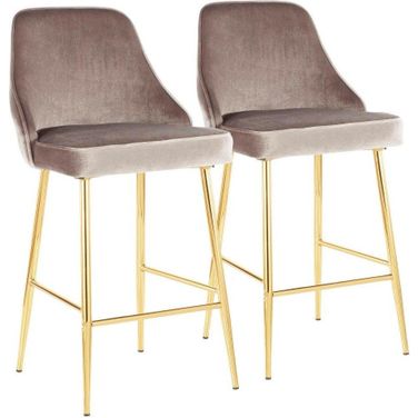 Marcel Contemporary/Glam Counter Stool In Gold Metal And Silver Velvet - Set Of 2
