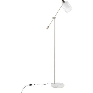 Marcel Floor Lamp in White Marble and Nickel Metal with Clear and Frosted Glass Shade