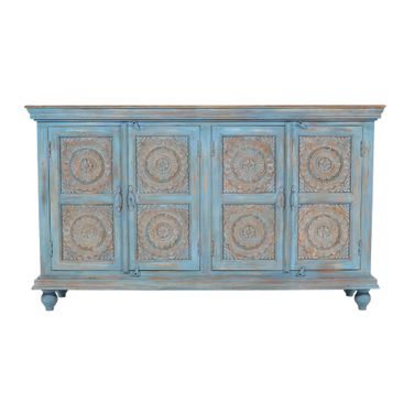 Marchand 71 Inch Boho Distressed Sideboard Cabinet with Artisan Carved Doors In Antique Blue