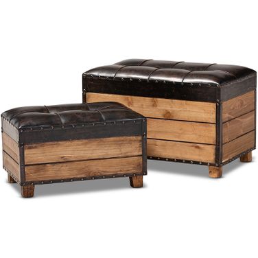 Marelli Rustic Dark Brown Faux Leather Upholstered 2-Piece Wood Storage Trunk Ottoman Set