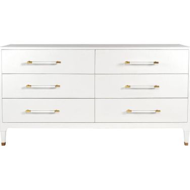 Maren Lacquered White Linen With Antique Brass And Acrylic 6 Drawer Dresser Chest