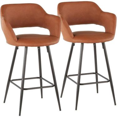 Margarite Contemporary Counter Stool In Black Metal And Brown Faux Leather - Set Of 2