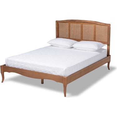 Marieke Vintage French Inspired Ash Wanut Finished Wood And Synthetic Rattan King Size Platform Bed