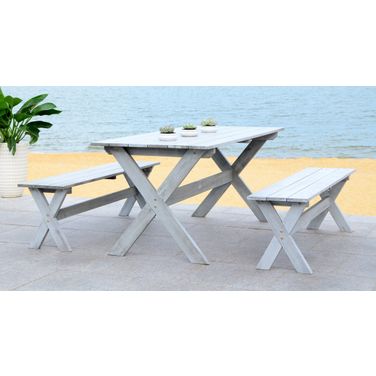 Marina Grey Wash 3-Piece Dining Set with 63 Inch Table and 2 Backless Benches