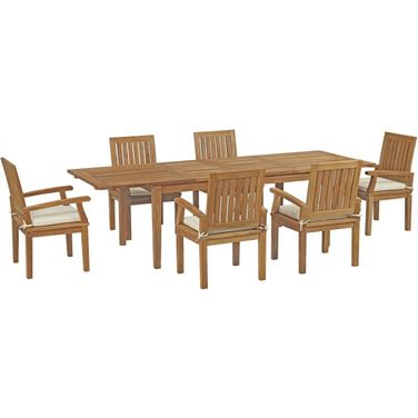 Marina 7 Piece Outdoor Patio Teak Dining Set In Natural and White