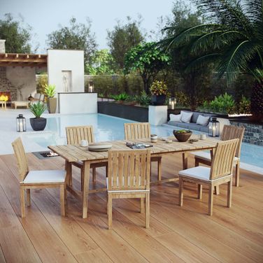 Marina 7 Piece Outdoor Patio Teak Dining Set In Natural and White