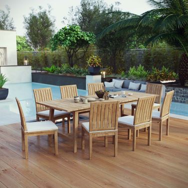 Marina 9 Piece Outdoor Patio Teak Dining Set In Natural and White