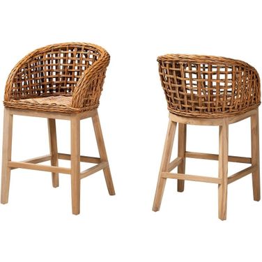 Mario Teak Wood and Rattan Counter Stool Set of 2 In Natural Brown