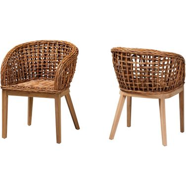 Mario Teak Wood and Rattan Dining Chair Set of 2 In Natural Brown