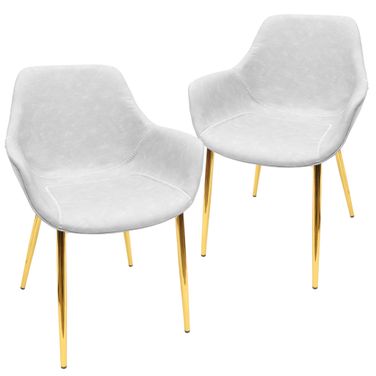 Markley Leather Dining Arm Chair Set of 2 In Light Grey and Gold
