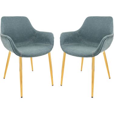 Markley Leather Dining Arm Chair Set of 2 In Peacock Blue/Gold