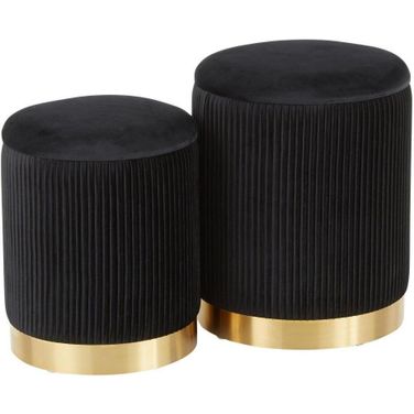 Marla Contemporary Nesting Pleated Ottoman Set In Gold Metal And Black Velvet