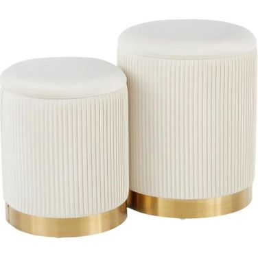 Marla Contemporary Nesting Pleated Ottoman Set In Gold Metal And Cream Velvet