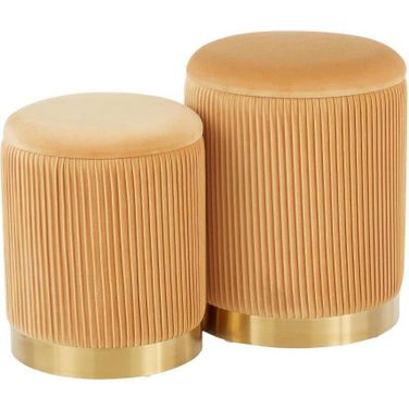 Marla Contemporary Nesting Pleated Ottoman Set In Gold Metal And Orange Velvet