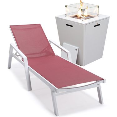 Marlin Outdoor Patio Chaise Lounge Chair With Arms and Square Fire Pit Side Table In Burgundy/White