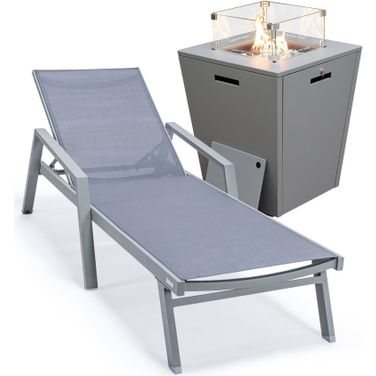 Marlin Outdoor Patio Chaise Lounge Chair With Arms and Square Fire Pit Side Table In Dark Grey